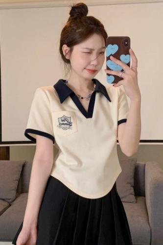 Tmall quality polo collar contrasting color short-sleeved T-shirt women's summer design niche chic short top