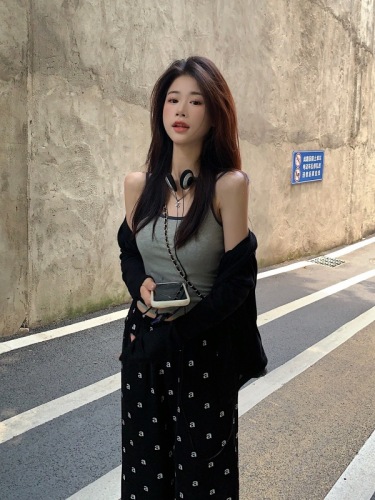 Actual shot and real price ~ Ins style casual straight wide leg pants with chest pad camisole sun protection shirt set