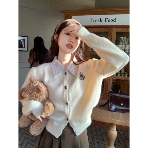 Fake two-piece sweater for women in autumn 2024 new style French gentle style short loose and chic long-sleeved sweater cardigan