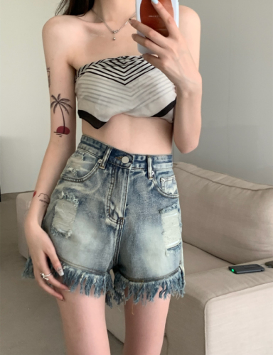 #American Retro Raw Edge Ripped Jeans Women's Sweet and Spicy Summer High Waist Shorts A-Line Pants Hot Pants High Street