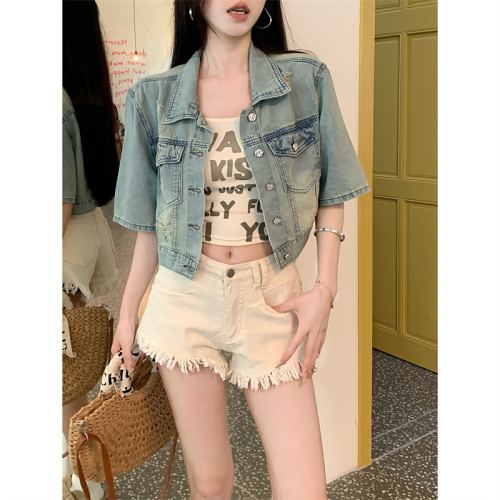 Real shot of retro washed short-sleeved denim jacket for women summer outer cardigan 2024 new loose casual short top