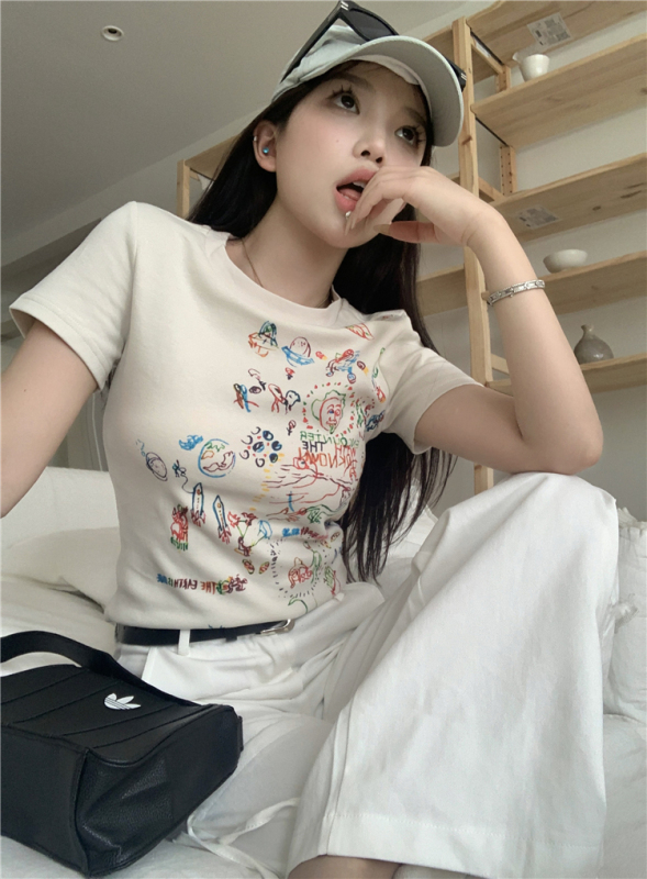 Hand-painted T-print graffiti short-sleeved T-shirt for women summer thin round neck short shoulder top