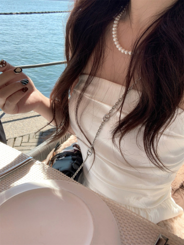 Summer Celebrity Daughter's Super Fairy White Tubeless Dress with Atmosphere and Beautiful Seaside Vacation Long Dress