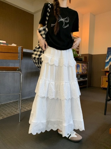 Real shot and real price bow short-sleeved T-shirt 2024 spring new Korean casual versatile top for women + cake skirt