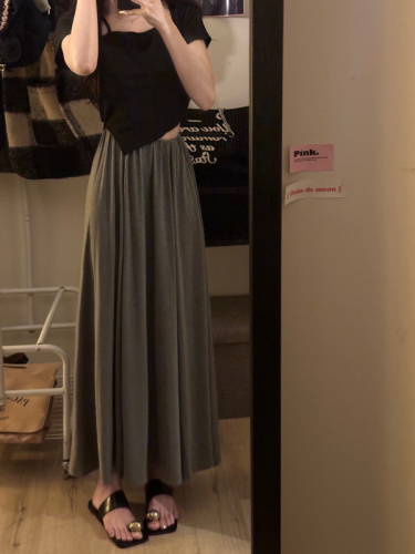 Actual shot and real price New style lazy gray drapey pleated skirt high waist loose A-line long skirt with large hem