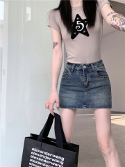 Actual shot, real price, in stock, anti-exposure, high-waisted elastic slim fit A-line denim skirt and hakama