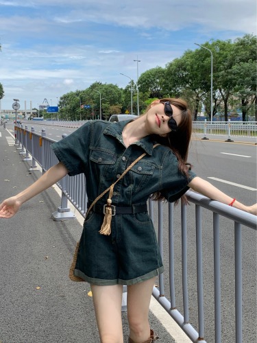 Real shot!  Denim jumpsuit women's workwear high-end summer short-sleeved wide-legged jumpsuit for small people