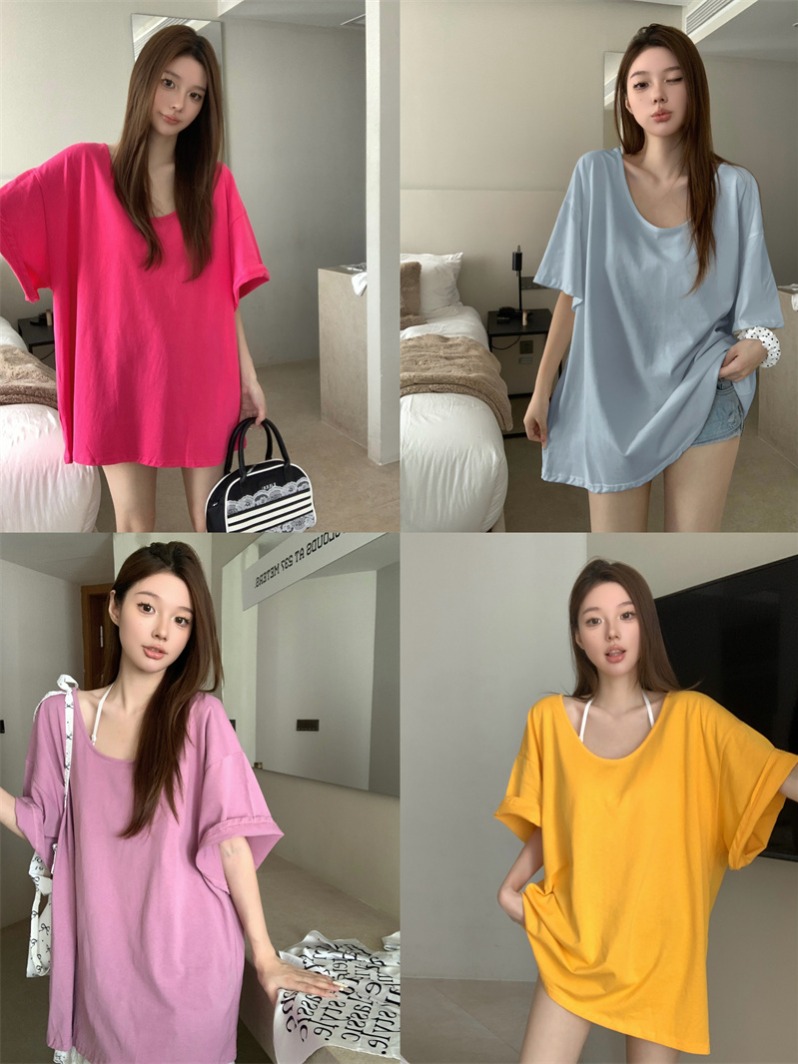 Photographed Loose and Comfortable Deep U-Neck Boyfriend Style Lazy Loose Dopamine Slimming T-Shirt for Women