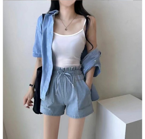 Plus size fashion suit women's summer short-sleeved imitation denim thin jacket camisole fat mm casual pants suit