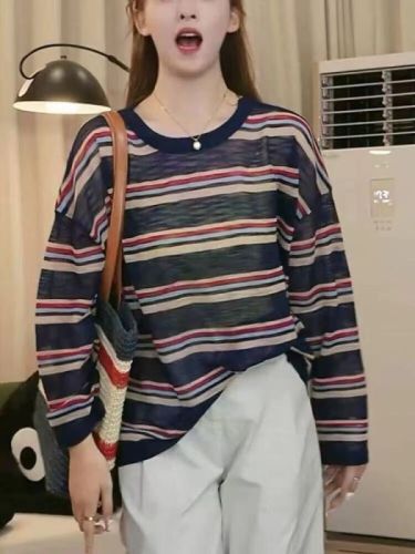 European lazy style striped long-sleeved T-shirt, loose and slim design, thin style, fashionable and age-reducing casual top