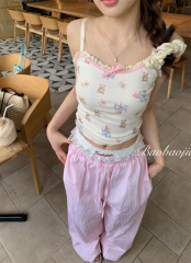 Actual shot and real price Pure lust style lace sweet and spicy cute short bear camisole + lazy style simple trousers