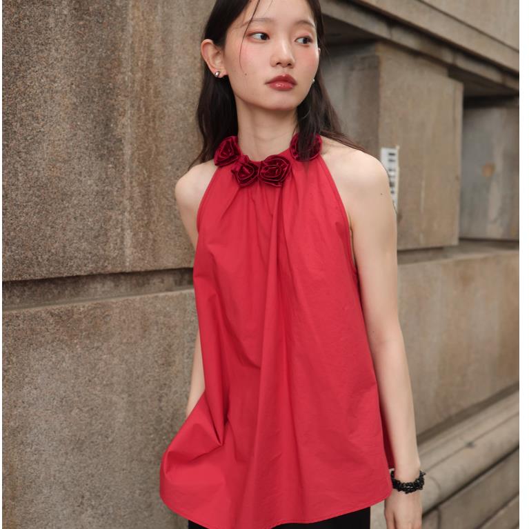Korean Dongdaemun designer style collar three-dimensional flower bud halter neck vest top for women