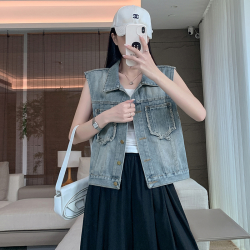 Actual shot~Fashionable raw edge denim vest jacket for women new sleeveless short vest vest vest top