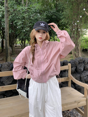 Real shot of early autumn drawstring jacket work jacket for women casual loose thin outdoor sun protection hooded top trendy