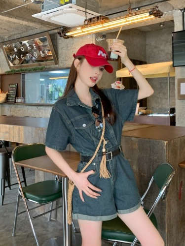 Real shot!  Denim jumpsuit women's workwear high-end summer short-sleeved wide-legged jumpsuit for small people