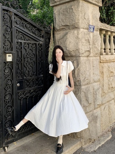 Actual shot~White puff sleeve dress, summer preppy style, petite temperament, waist-cinching first love long dress