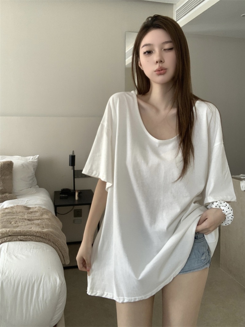 Photographed Loose and Comfortable Deep U-Neck Boyfriend Style Lazy Loose Dopamine Slim T-shirt for Women
