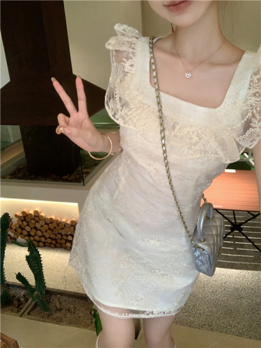 Real shot of white heavy lace square neck short dress