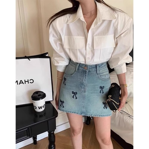 Embroidered Bow Denim Skirt Girls 2024 Summer New High Waist Slim A-Line Skirt Covering Hip Skirt