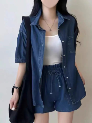 Plus size fashion suit women's summer short-sleeved imitation denim thin jacket camisole fat mm casual pants suit