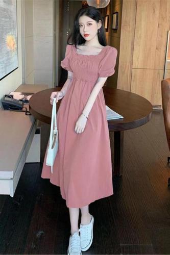 Gentle style square collar clavicle bubble embroidery dress for women summer new French mid-length waist slimming A-line skirt