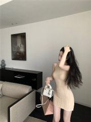 Actual shot of the One-Second Goddess Dress ~ Pure Desire Revealing White Halter Neck Knitted Skirt Feminine Summer Dress