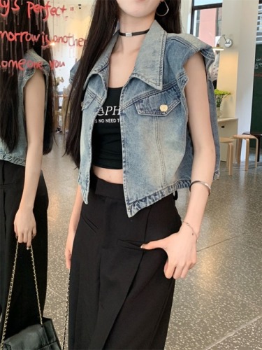 Real shot of summer short flying sleeve vest denim vest jacket for women 2024 new style small short-sleeved all-match top