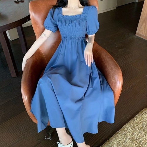 Gentle style square collar clavicle bubble embroidery dress for women summer new French mid-length waist slimming A-line skirt