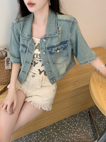 Real shot of retro washed short-sleeved denim jacket for women summer outer cardigan 2024 new loose casual short top