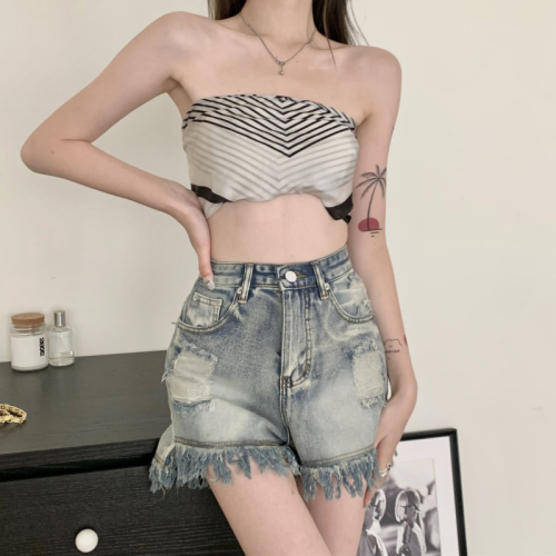 #American Retro Raw Edge Ripped Jeans Women's Sweet and Spicy Summer High Waist Shorts A-Line Pants Hot Pants High Street