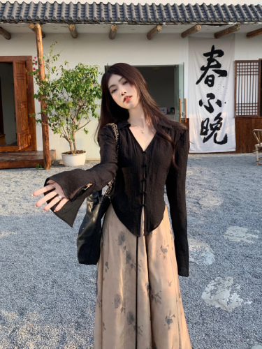 Plus size women's clothing, high-end atmosphere, new Chinese style, lazy, slim, fluttering pants and skirt, cool-feeling streamer shirt