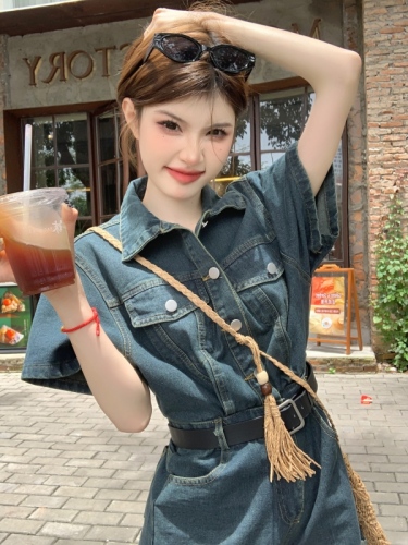 Real shot!  Denim jumpsuit women's workwear high-end summer short-sleeved wide-legged jumpsuit for small people