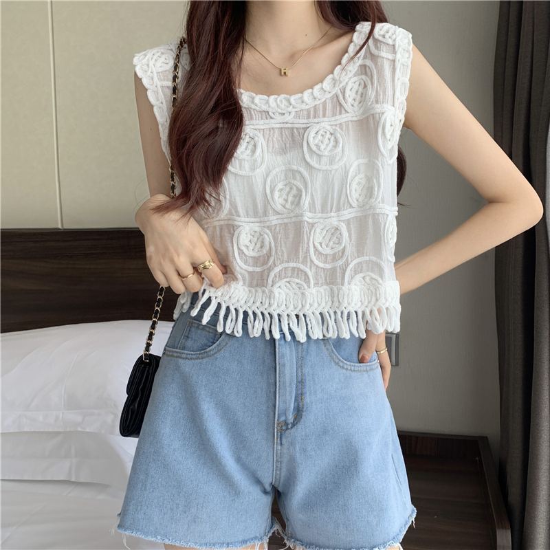 Actual shot ~ New design crocheted hollow short style spliced ​​tassel vest top for women