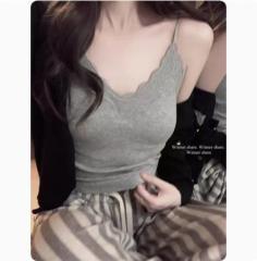 V-neck brushed thickened lace camisole women's autumn and winter new inner layer with chest pad warm tube top