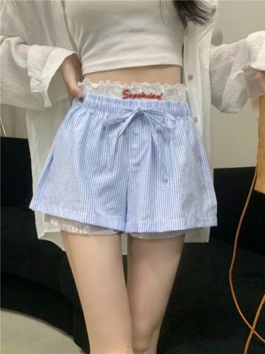 Real shot, real summer white lace embroidered leggings shorts + lace-up striped home casual pants