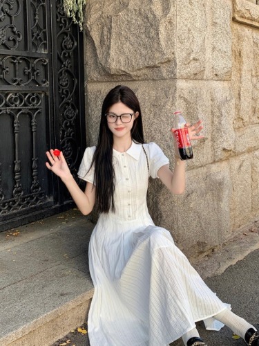 Actual shot~White puff sleeve dress, summer preppy style, petite temperament, waist-cinching first love long dress