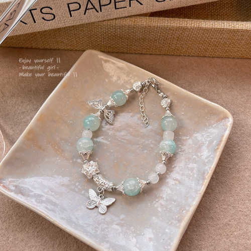 Korean-style light luxury niche high-end butterfly bracelet for women, ice-transparent blue imitation jade bead bracelet, fashion accessory