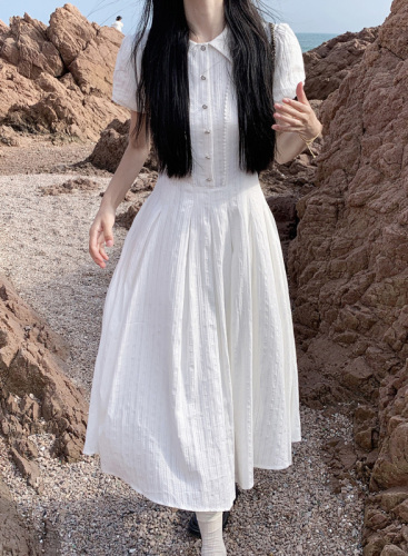 Actual shot~White puff sleeve dress, summer preppy style, petite temperament, waist-cinching first love long dress