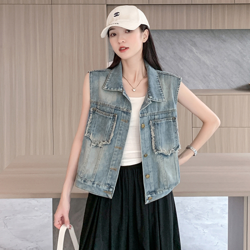 Actual shot~Fashionable raw edge denim vest jacket for women new sleeveless short vest vest vest top