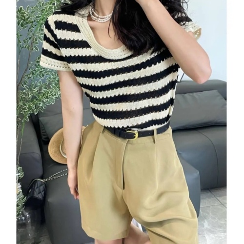 Hong Kong trendy knitted short-sleeved summer Korean style round neck short-sleeved sweater for women striped top fashionable and versatile