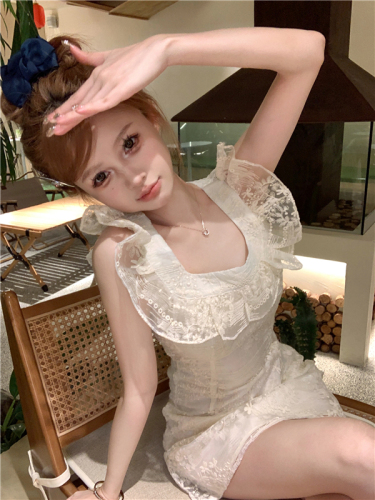 Real shot of white heavy lace square neck short dress