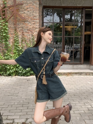 Real shot!  Denim jumpsuit women's workwear high-end summer short-sleeved wide-legged jumpsuit for small people