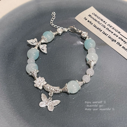 Korean-style light luxury niche high-end butterfly bracelet for women, ice-transparent blue imitation jade bead bracelet, fashion accessory