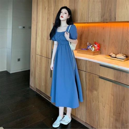 Gentle style square collar clavicle bubble embroidery dress for women summer new French mid-length waist slimming A-line skirt