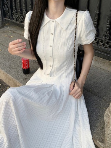 Actual shot~White puff sleeve dress, summer preppy style, petite temperament, waist-cinching first love long dress