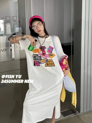 Imitation cotton milk silk# Summer Velcro letter foam printed long lazy loose T skirt dress for women