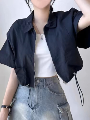 Korean chic summer age-reducing retro temperament lapel short coat high-waist drawstring short workwear short-sleeved top for women