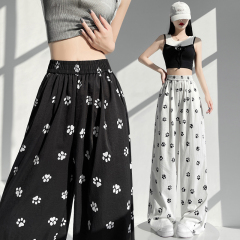 Real shot of dog paw print Yamamoto pants for women 2024 summer new design loose straight casual ice silk wide leg pants