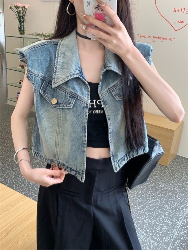 Real shot of summer short flying sleeve vest denim vest jacket for women 2024 new style small short-sleeved all-match top