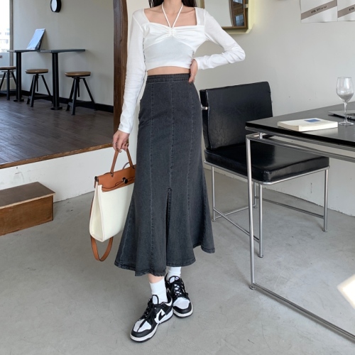 Real shot of retro high-waist denim skirt women's 2024 new slim mid-length design hip-hugging fishtail skirt